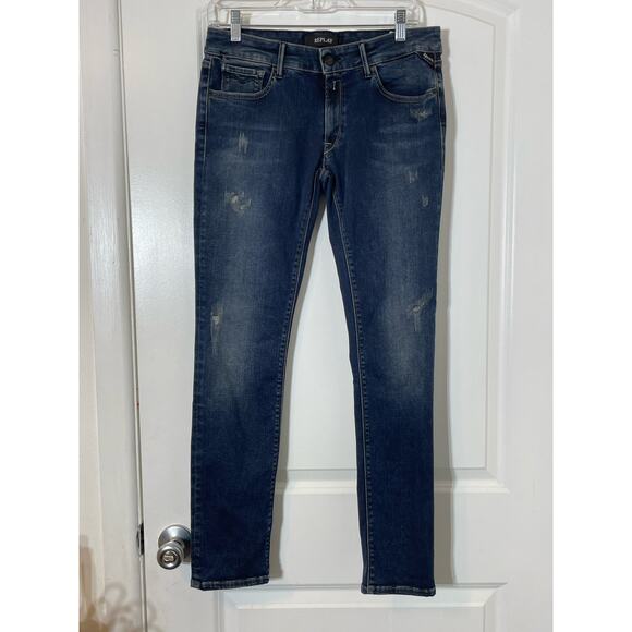 Replay Luz Hyperflex Dark Wash Low Rise Distressed Skinny Jeans 31 - Picture 1 of 9